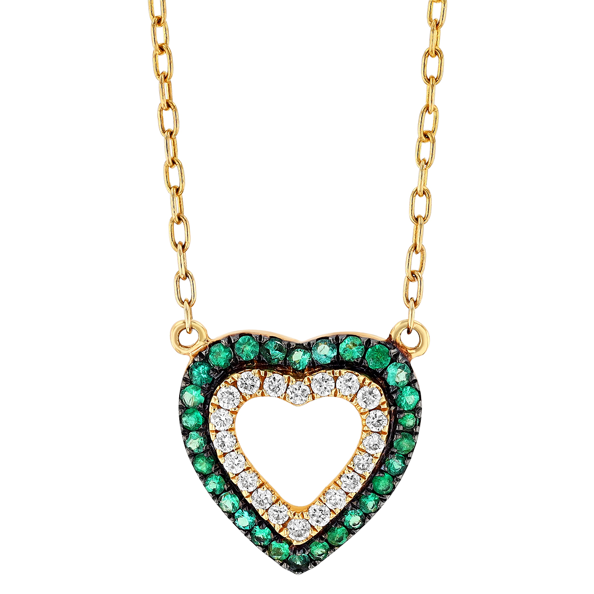 Emerald & Diamond Open Heart Necklace in Yellow Gold, 18