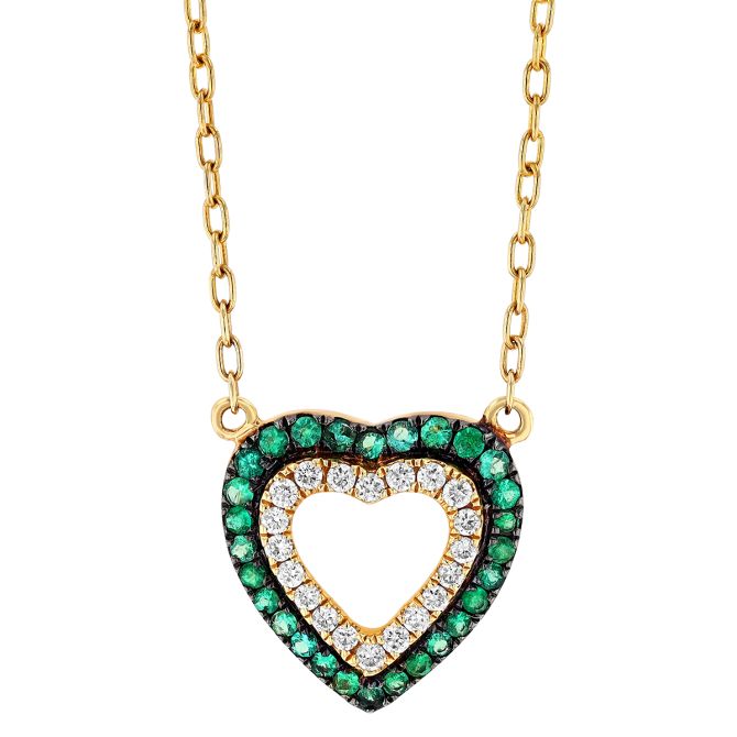 Emerald & Diamond Open Heart Necklace in Yellow Gold, 18"