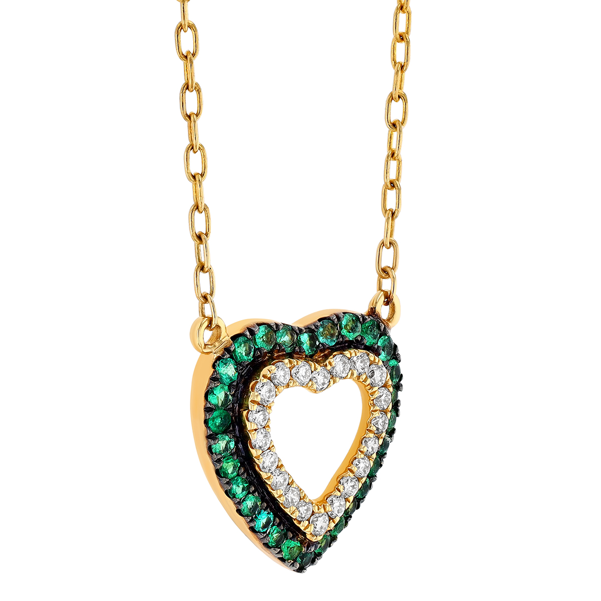 Emerald & Diamond Open Heart Necklace in Yellow Gold, 18