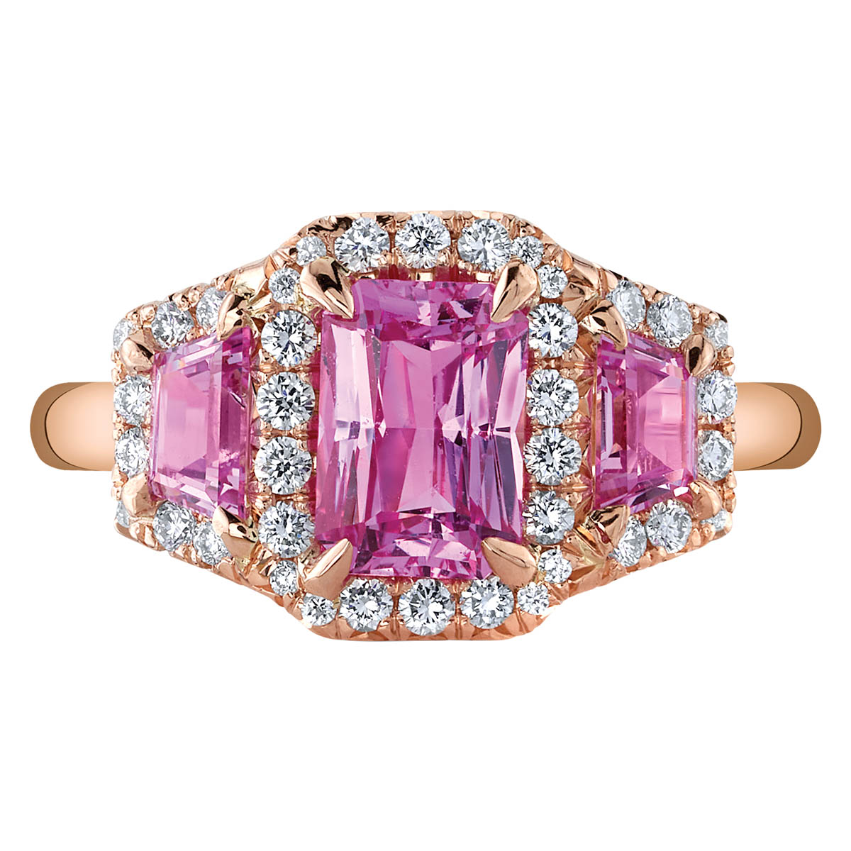 Omi Prive Pink Sapphire 3 Stone & Diamond Halo Ring in Rose Gold