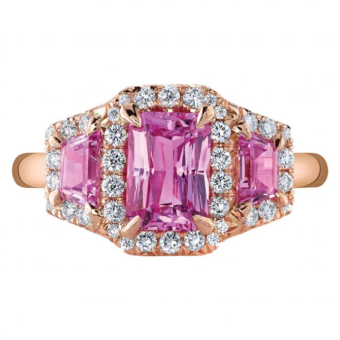 Omi Prive Pink Sapphire 3 Stone & Diamond Halo Ring in Rose Gold