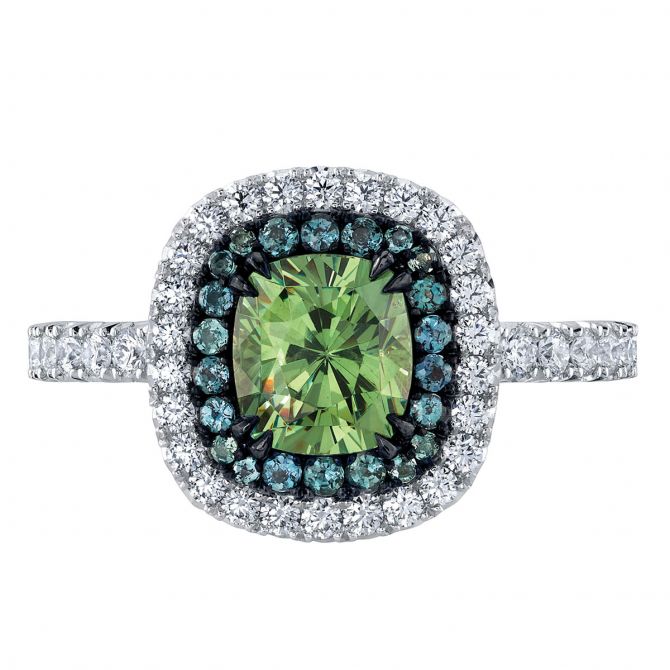 Omi Prive Cushion Demantoid Garnet, Alexandrite, & Diamond Ring in Platinum & Black Rhodium