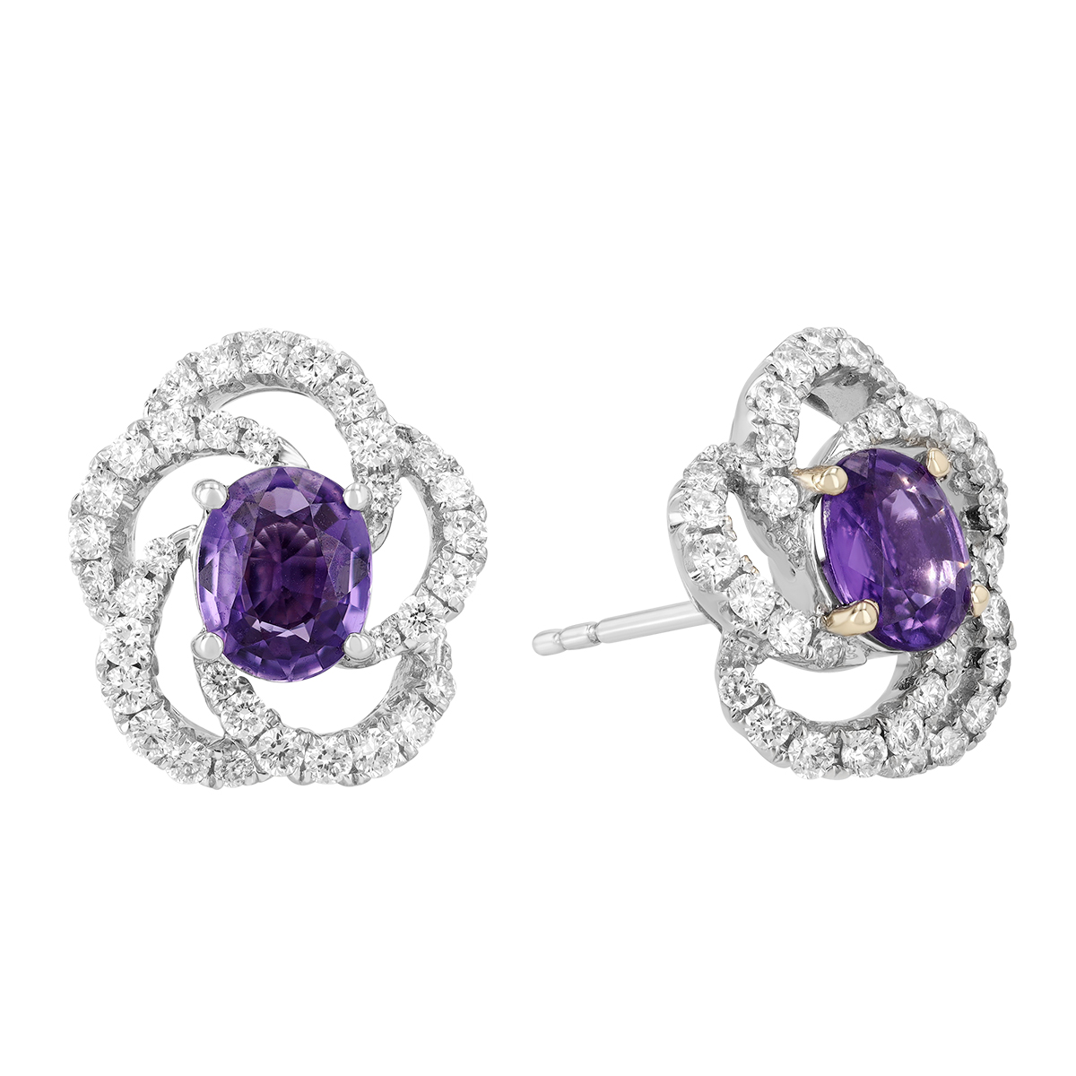 Oval Purple Sapphire & Diamond Swirl Floral Stud Earrings in White Gold