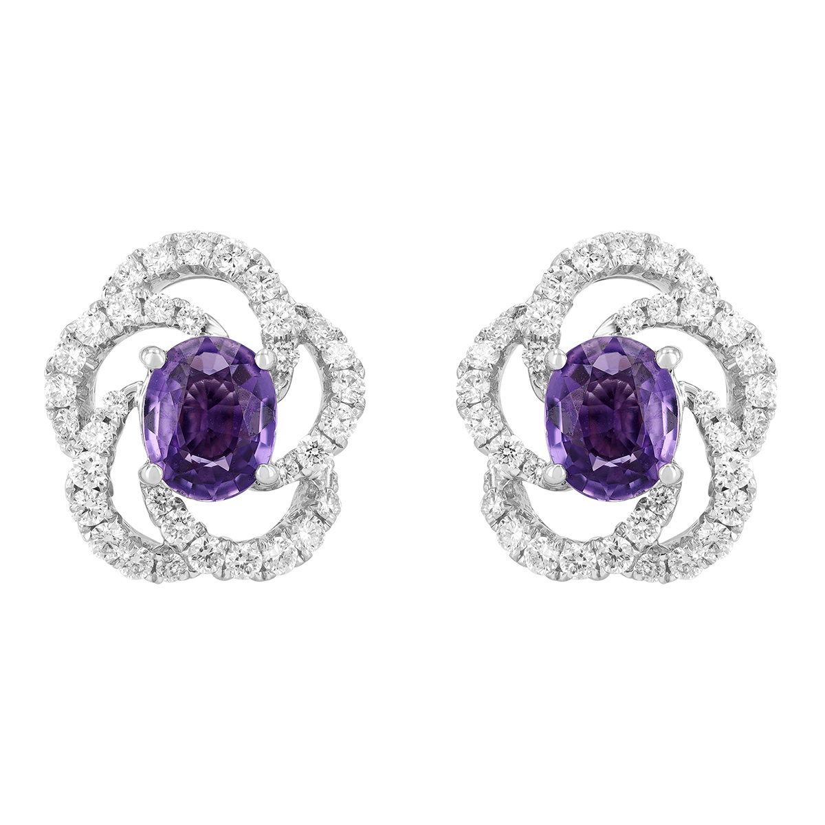 Oval Purple Sapphire & Diamond Swirl Floral Stud Earrings in White Gold