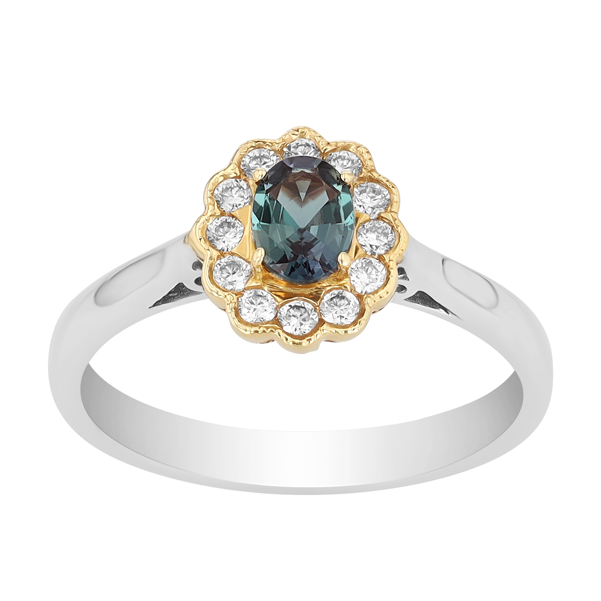Oval Alexandrite & Scalloped Diamond Halo Ring in Two Tone