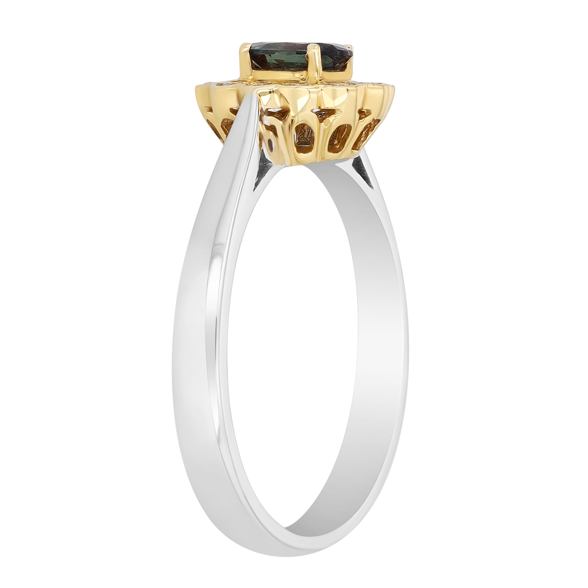 Oval Alexandrite & Scalloped Diamond Halo Ring in Two Tone