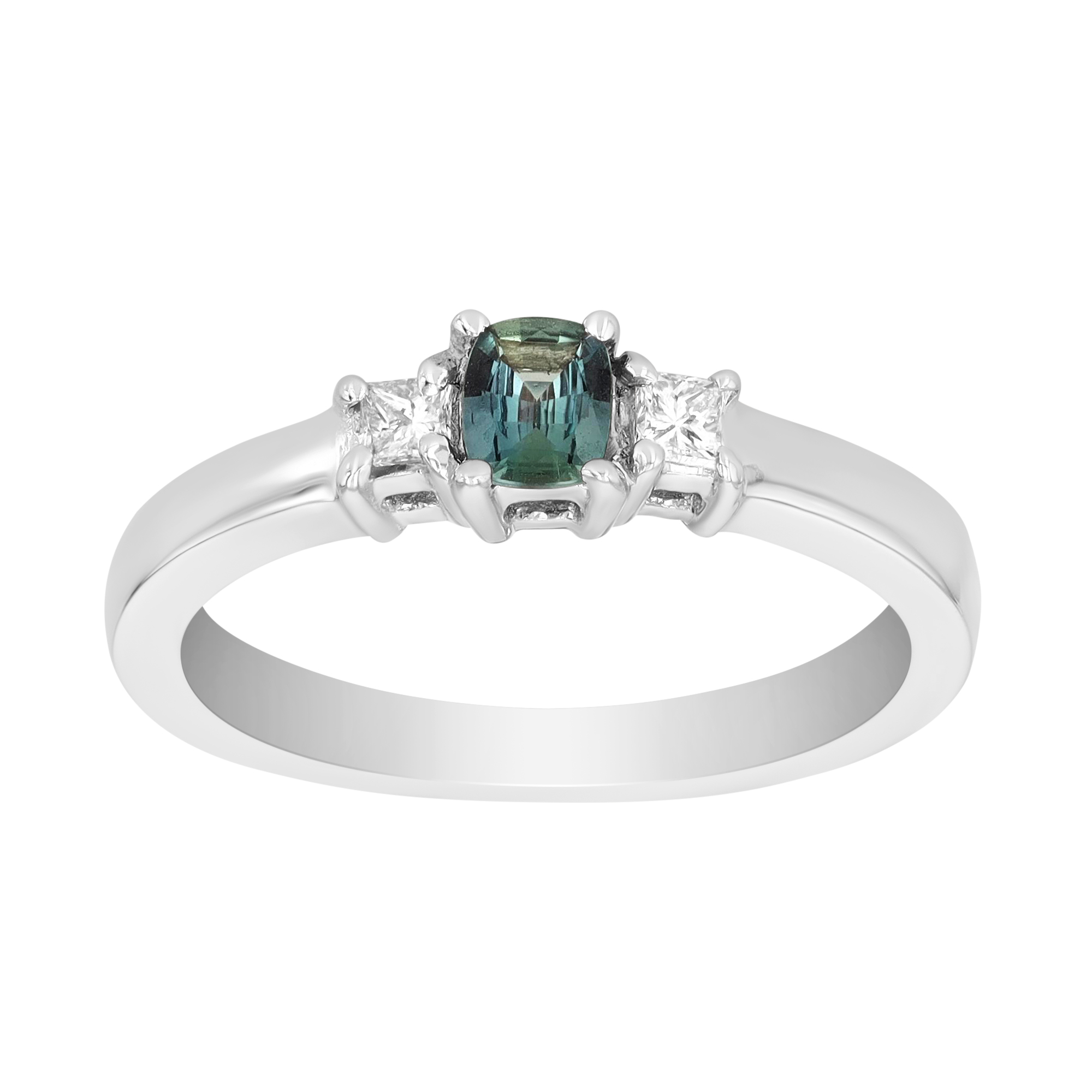 Cushion Cut Alexandrite & Princess Cut Diamond 3 Stone Ring in White Gold