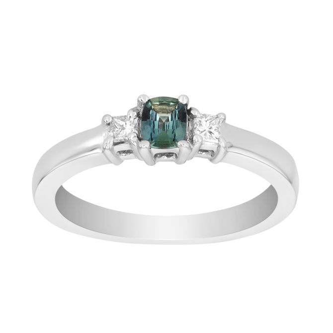 Cushion Cut Alexandrite & Princess Cut Diamond 3 Stone Ring in White Gold