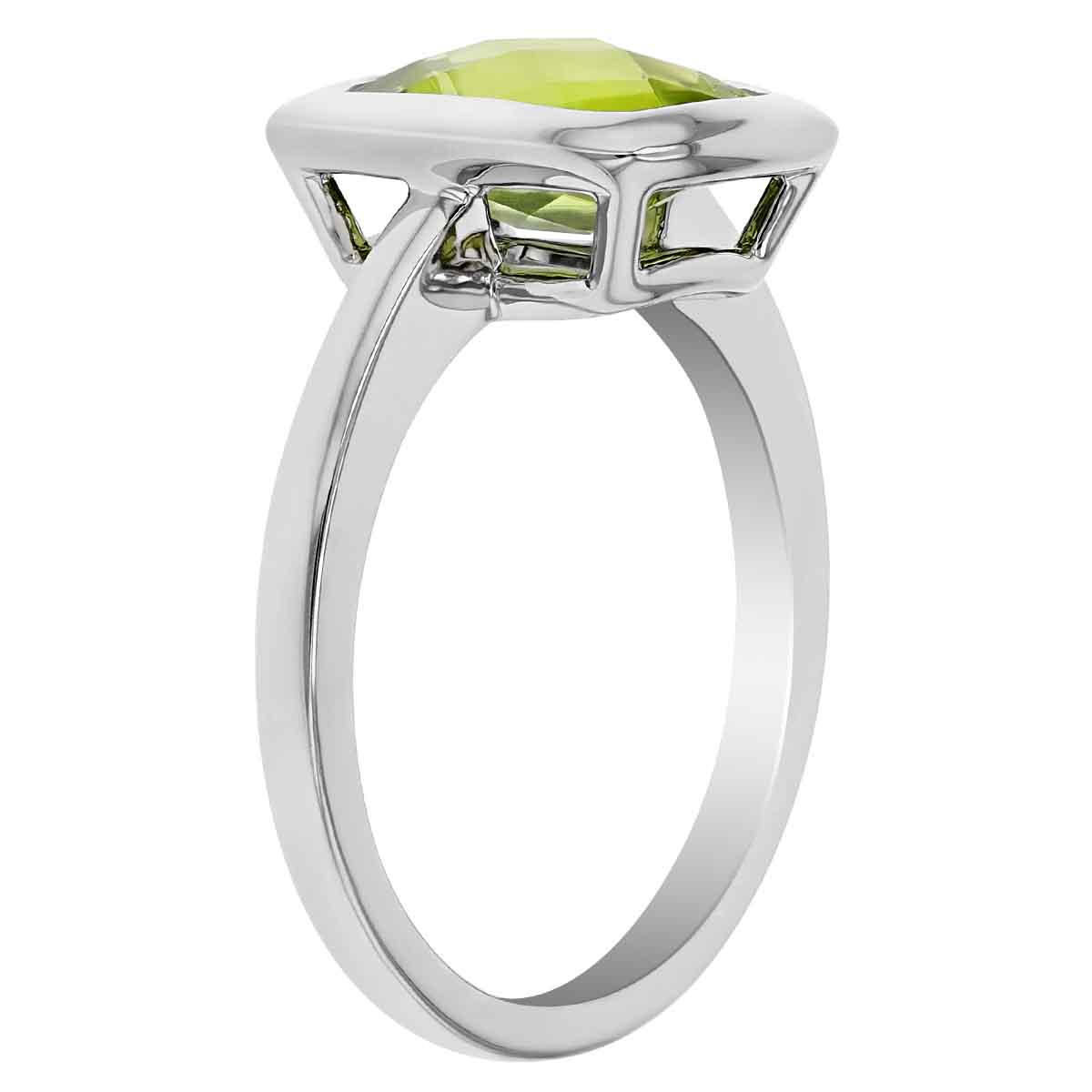 Cushion Peridot Bezel Set Ring in White Gold
