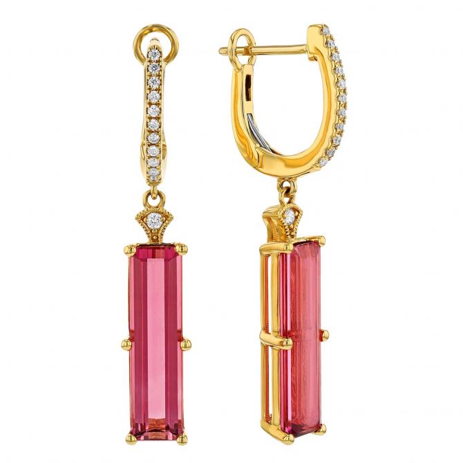 Emerald Cut Tourmaline & Diamond Hoop Drop Earrings in Yellow Gold