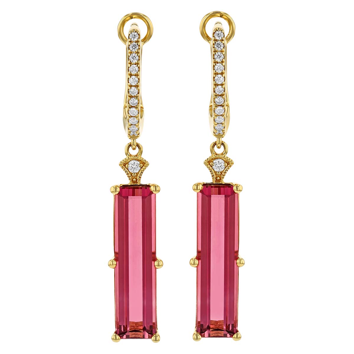 Emerald Cut Tourmaline & Diamond Hoop Drop Earrings in Yellow Gold