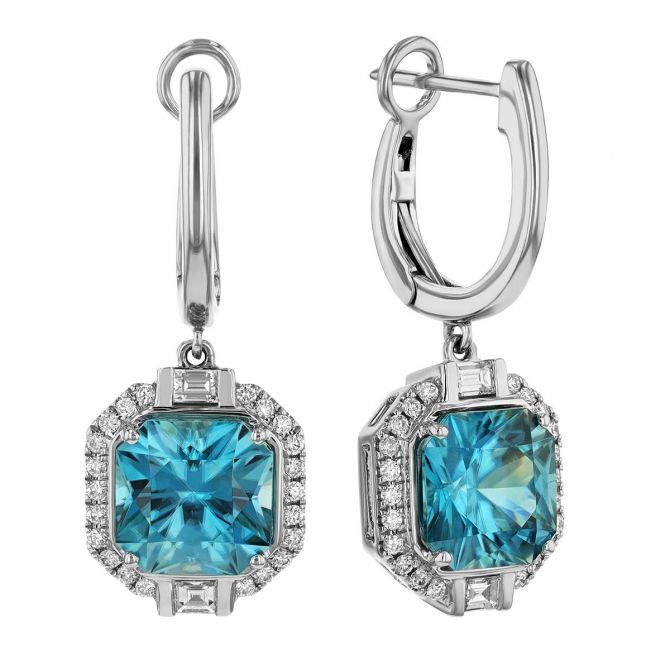 Radiant Zircon & Diamond Halo Hoop Drop Earrings in White Gold