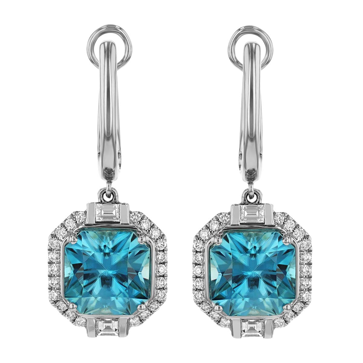 Radiant Zircon & Diamond Halo Hoop Drop Earrings in White Gold