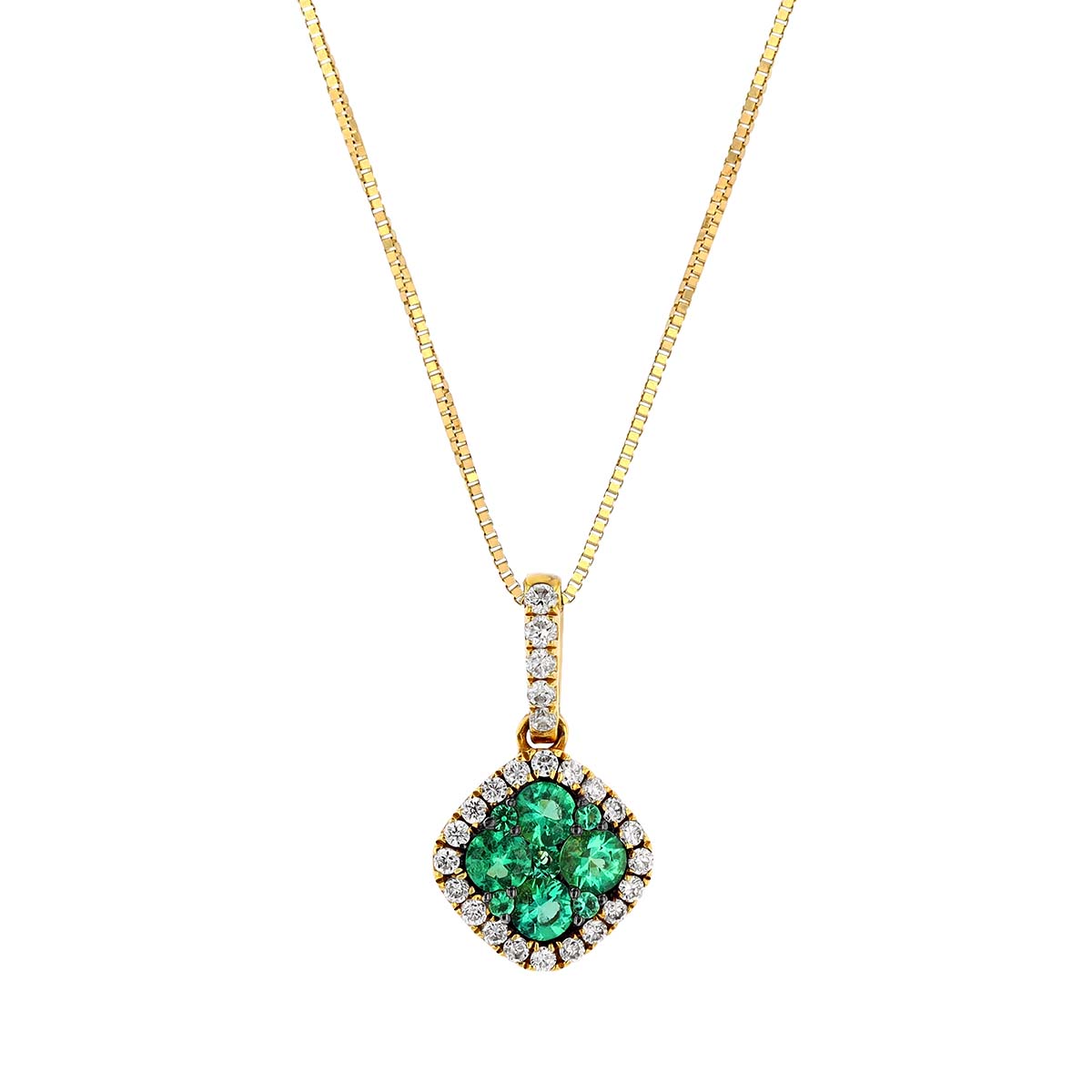 Round Emerald Cluster & Diamond Halo Pendant in Yellow Gold