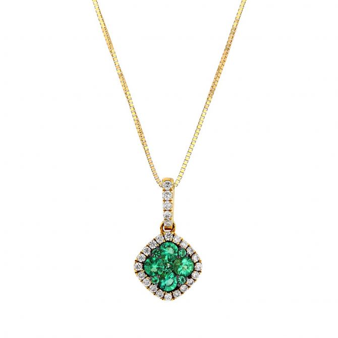 Round Emerald Cluster & Diamond Halo Pendant in Yellow Gold