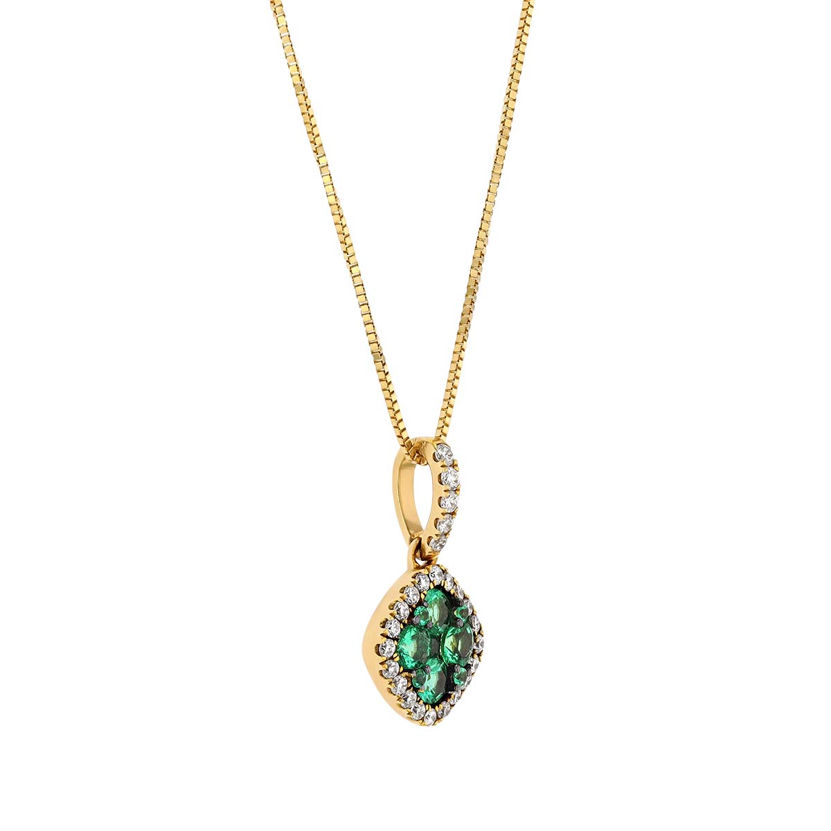 Round Emerald Cluster & Diamond Halo Pendant in Yellow Gold