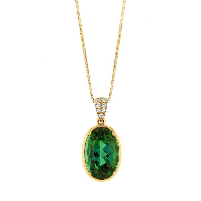Oval Tourmaline & Diamond Bail Pendant in Yellow Gold