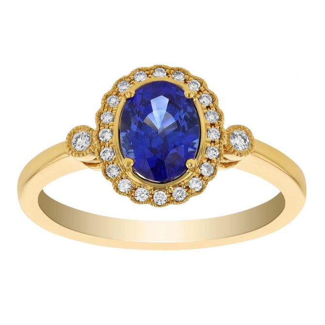 Oval Sapphire & Diamond Halo Milgrain Scalloped Ring in Yellow Gold
