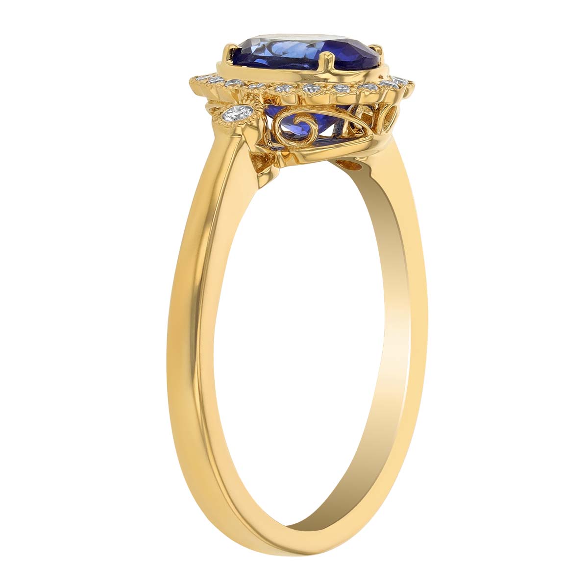 Oval Sapphire & Diamond Halo Milgrain Scalloped Ring in Yellow Gold