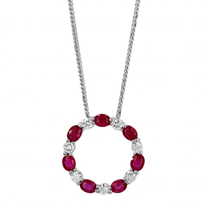J.B. Star Oval Ruby & Round Diamond Open Circle Pendant in Platinum, 18"