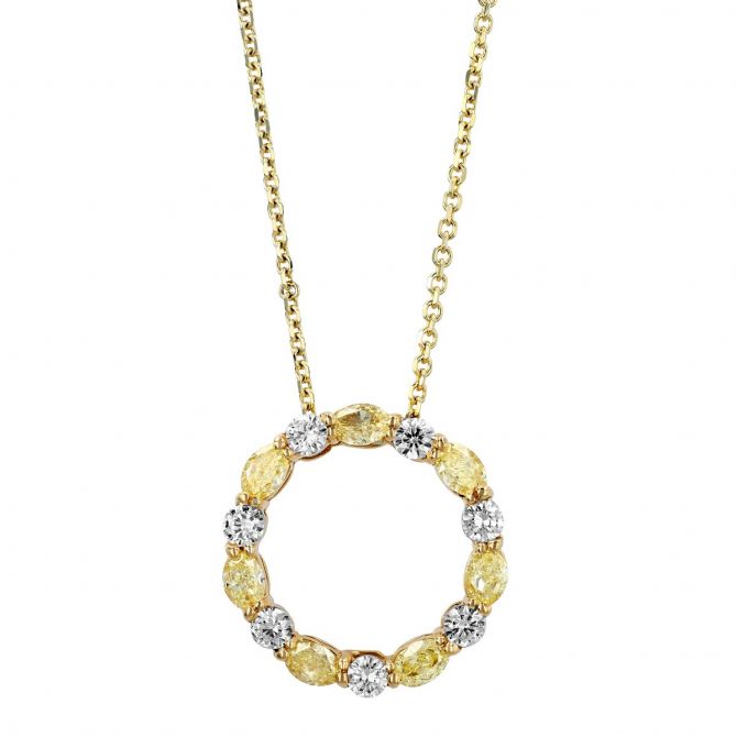 J.B. Star Fancy Yellow & White Diamond Open Circle Pendant in Yellow Gold, 18"