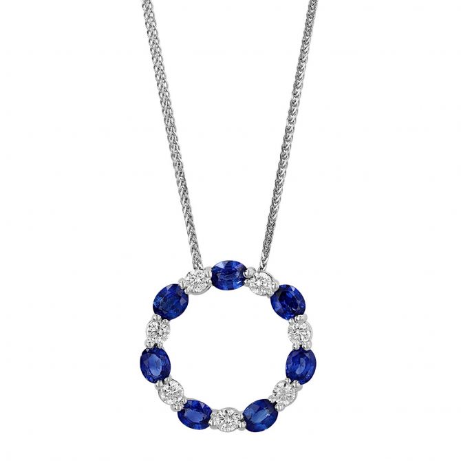 J.B. Star Oval Sapphire & Round Diamond Open Circle Pendant in Platinum, 18"