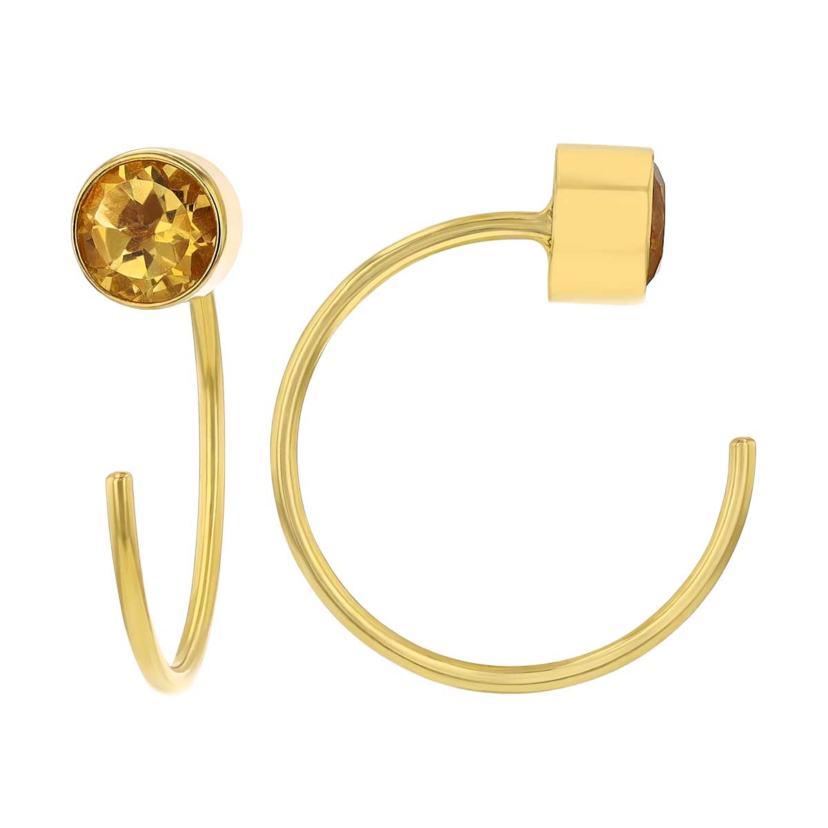 Citrine Bezel Set Threader Reverse Hoop Earrings in Yellow Gold