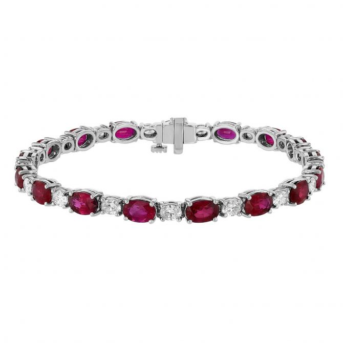 Omi Prive Oval Ruby & Diamond Alternating Bracelet in Platinum, 7.5"