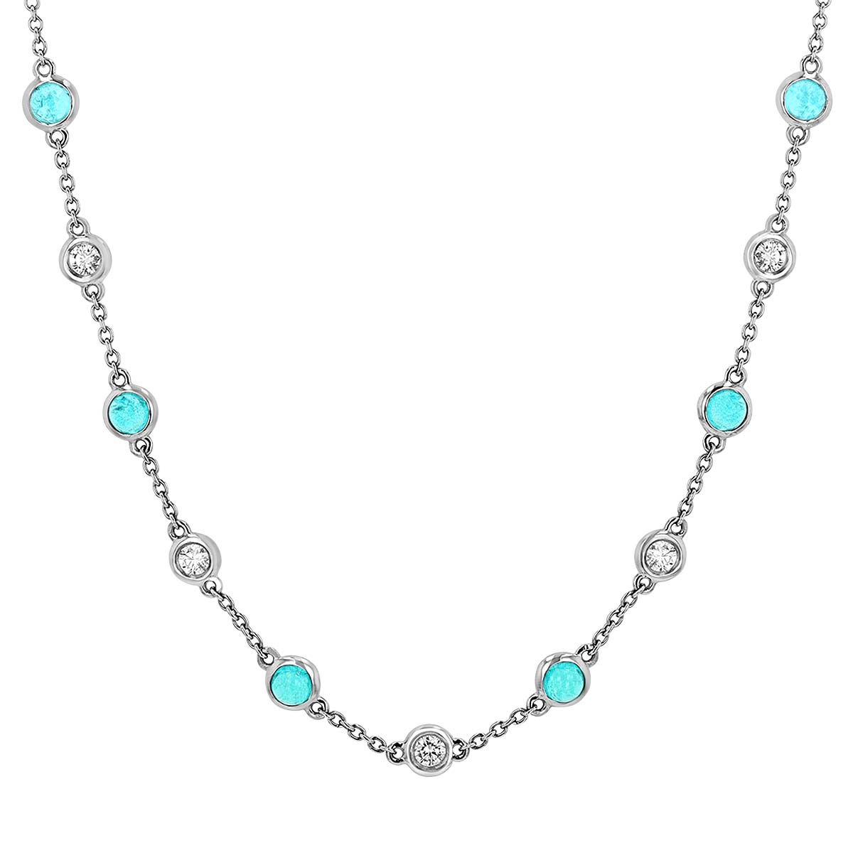 Omi Prive Paraiba Tourmaline Cabochon & Diamond Alternating Station Necklace in Platinum, 16