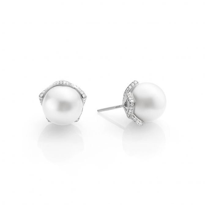 Mikimoto South Sea Cultured Pearl & Diamond Pointed Basket Stud Earrings in White Gold