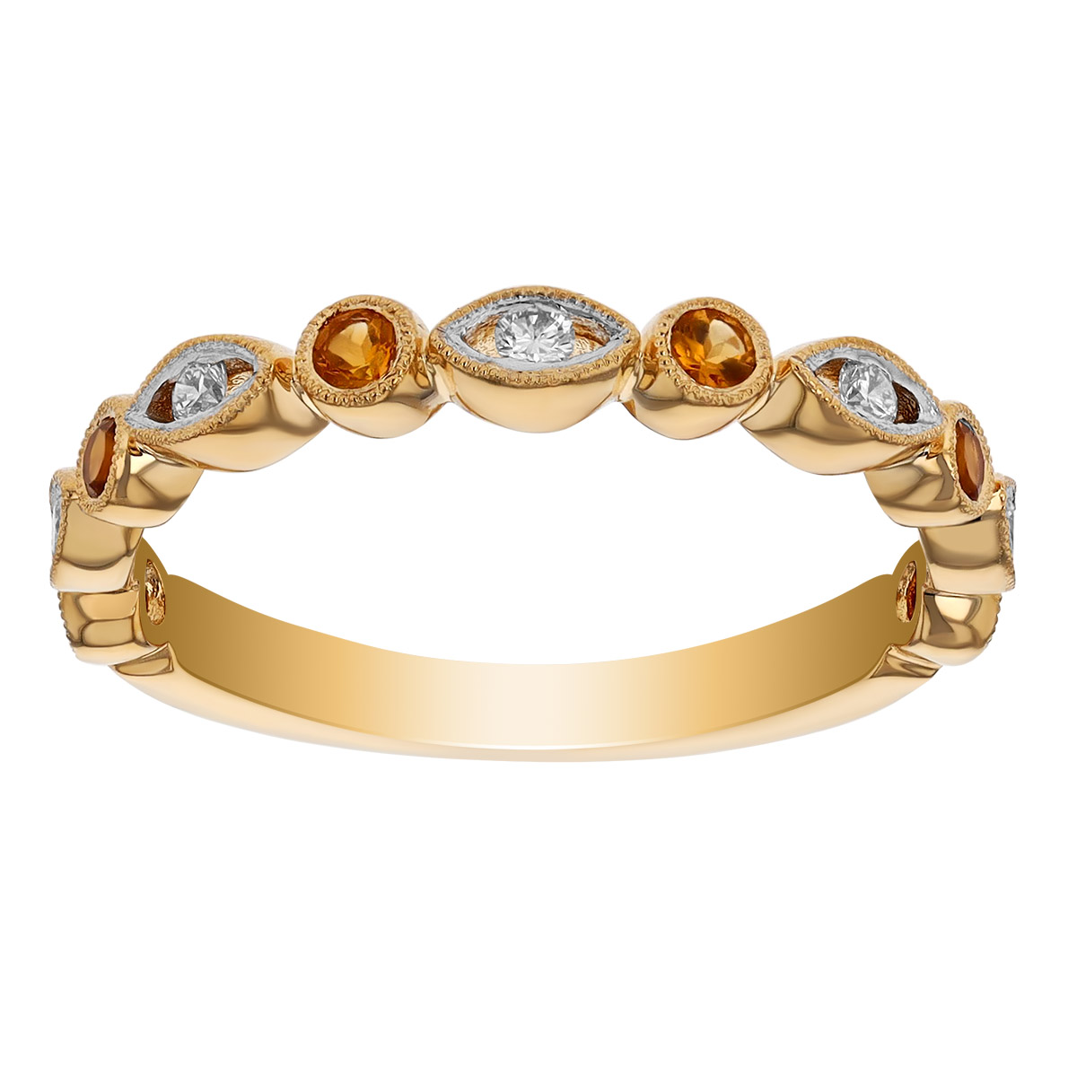 Citrine & Diamond Alternating Bezel Set Ring in Yellow Gold