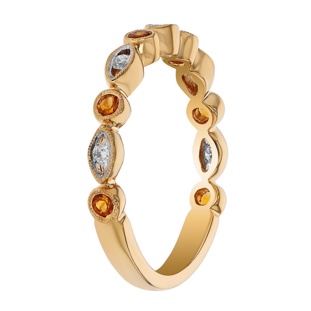 Citrine & Diamond Alternating Bezel Set Ring in Yellow Gold
