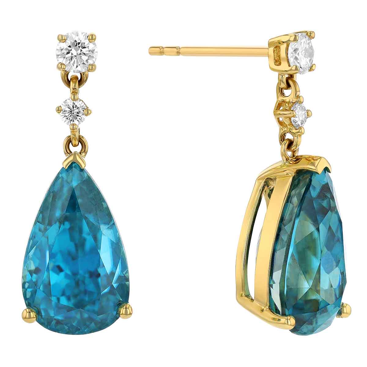 Pear Shaped Zircon & Diamond Drop Earrings in Yellow Gold
