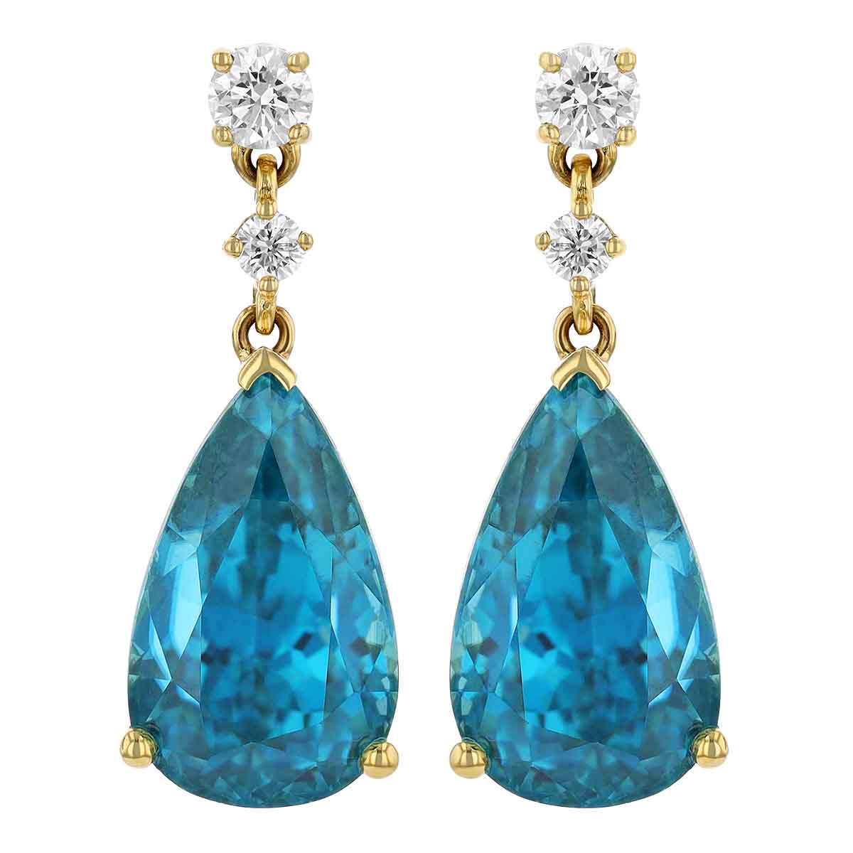 Pear Shaped Zircon & Diamond Drop Earrings in Yellow Gold