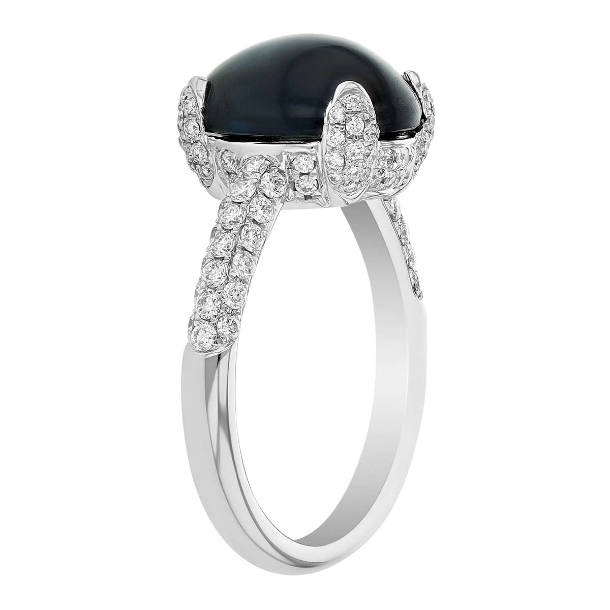 Oval Cabochon Indicolite Tourmaline & Diamond Pavé Ring in White Gold