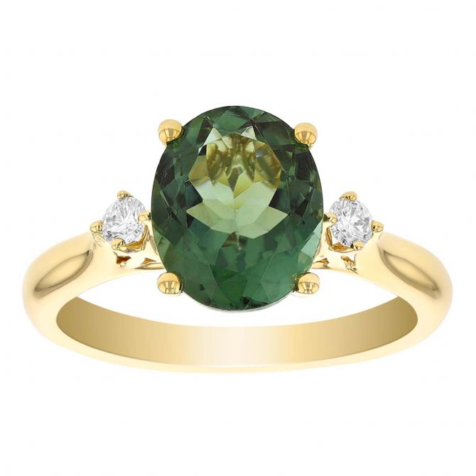 Oval Tourmaline & Diamond Side Stone Ring in Yellow Gold