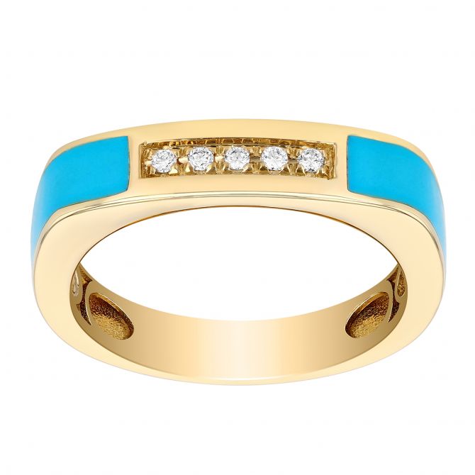 Blue Enamel & Diamond Soft Square Band Ring in Yellow Gold