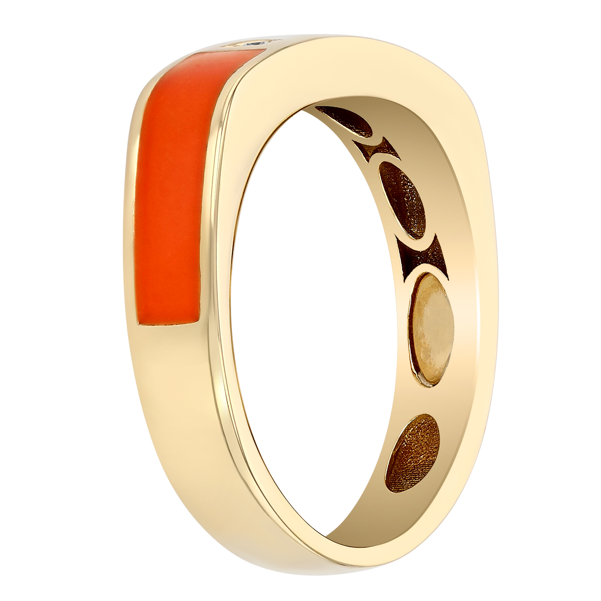 Orange Enamel & Diamond Soft Square Band Ring in Yellow Gold