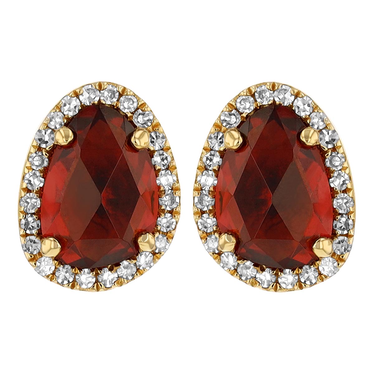 Freeform Garnet & Diamond Halo Stud Earrings in Yellow Gold