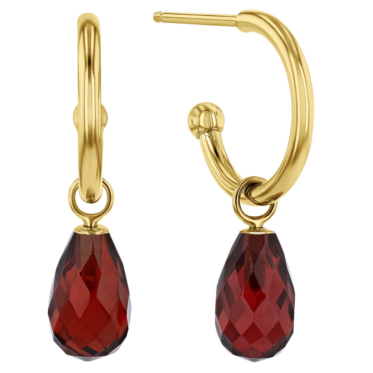 Garnet Briolette Dangle Hoop Earrings in Yellow Gold