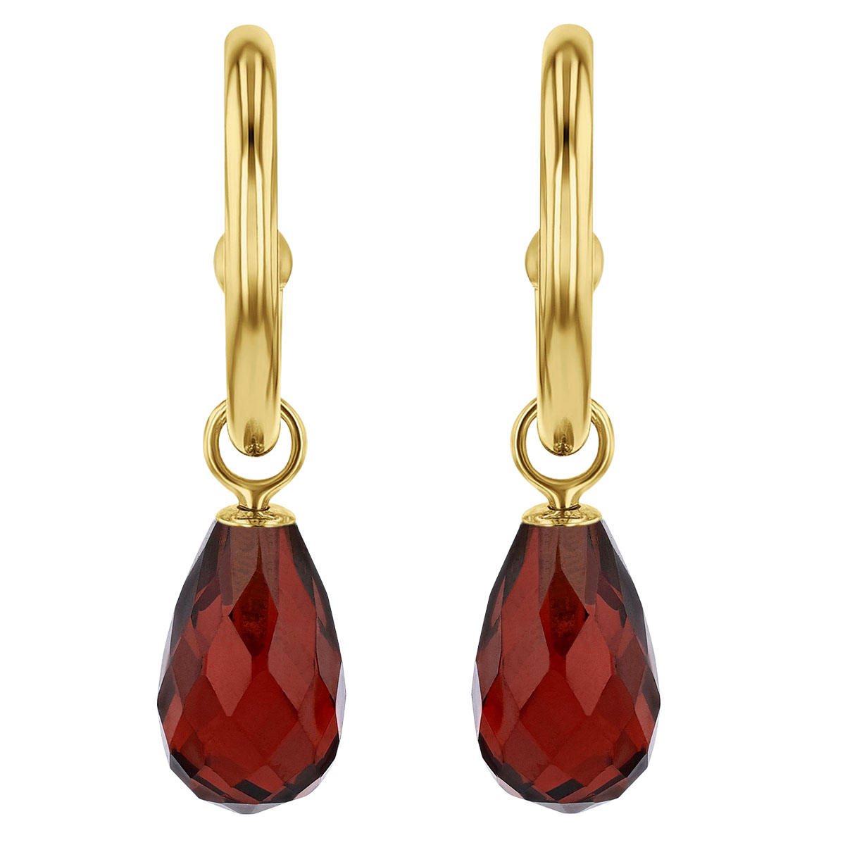 Garnet Briolette Dangle Hoop Earrings in Yellow Gold