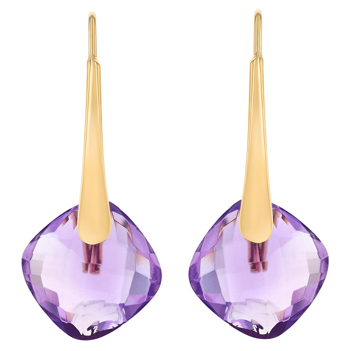 Amethyst Cushion Checkerboard Drop Earrings in Yellow Gold