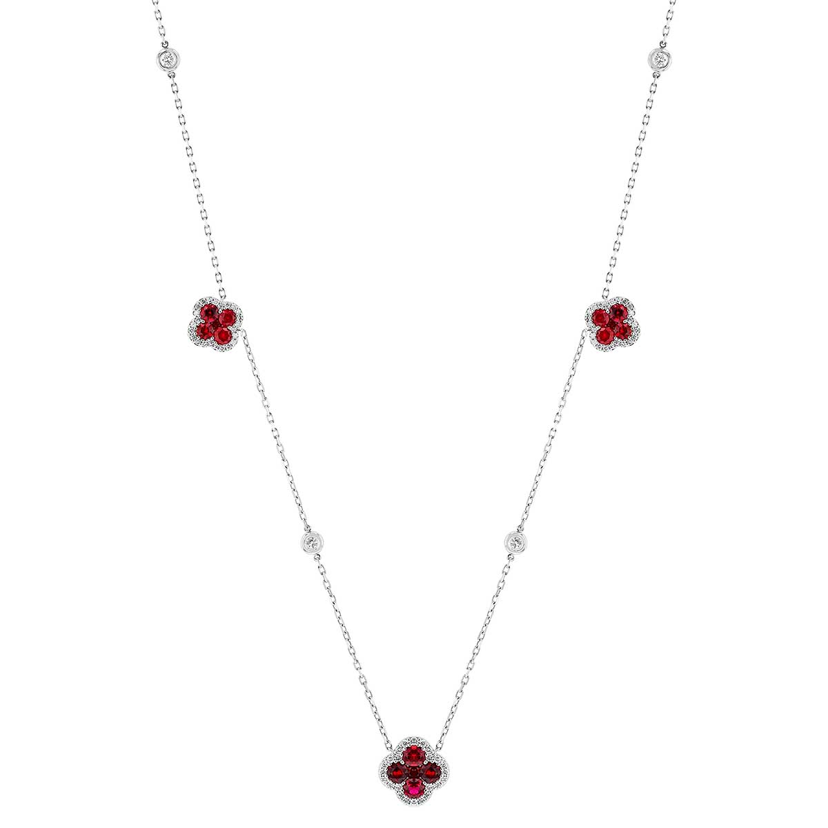 Ruby & Diamond Clover Cluster Station Necklace in White Gold, 18