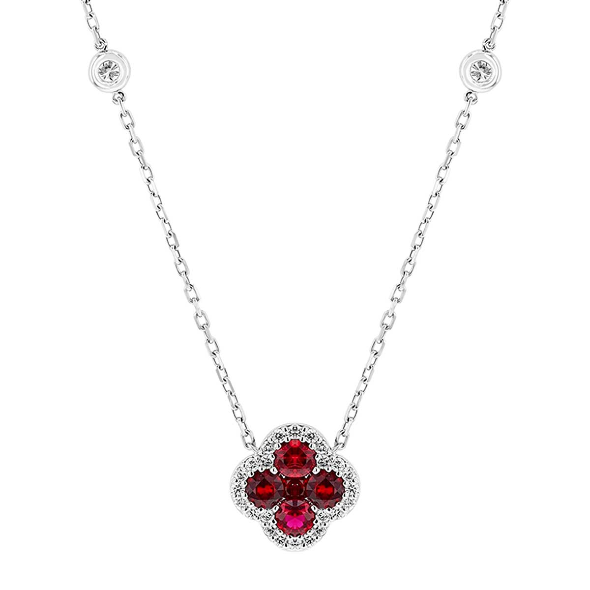 Ruby & Diamond Clover Cluster Station Necklace in White Gold, 18