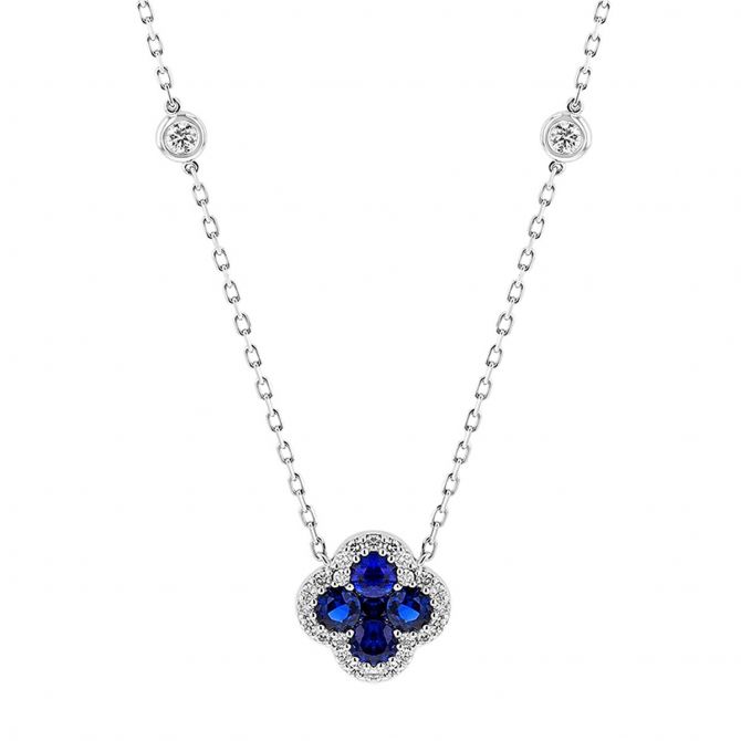 Sapphire & Diamond Clover Cluster Station Necklace in White Gold