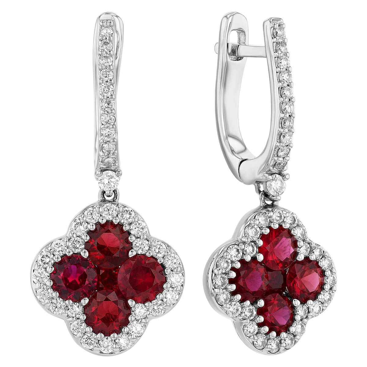 Ruby & Diamond Clover Cluster Dangle Hoop Earrings in White Gold