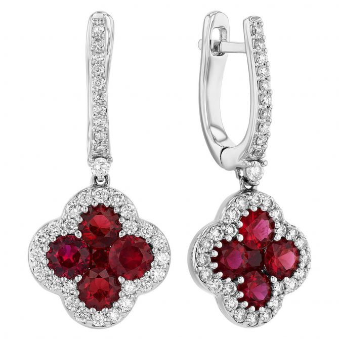 Ruby & Diamond Clover Cluster Dangle Hoop Earrings in White Gold
