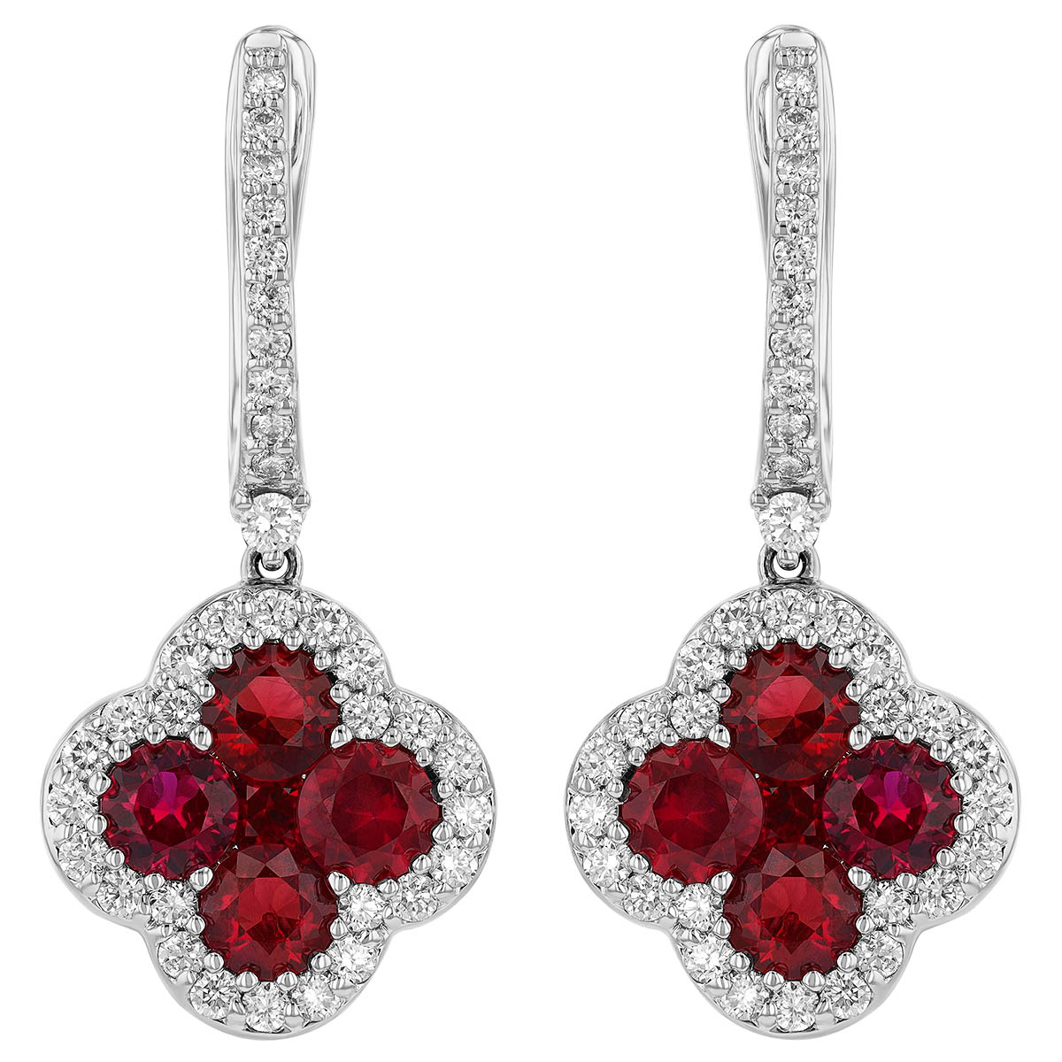 Ruby & Diamond Clover Cluster Dangle Hoop Earrings in White Gold