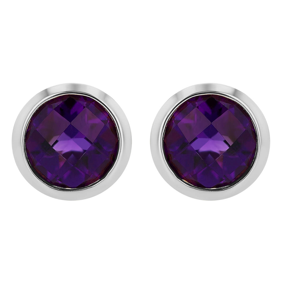Round Checkerboard Amethyst Bezel Set Stud Earrings in White Gold