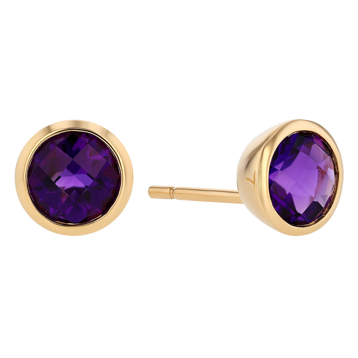 Round Checkerboard Amethyst Bezel Set Stud Earrings in Yellow Gold